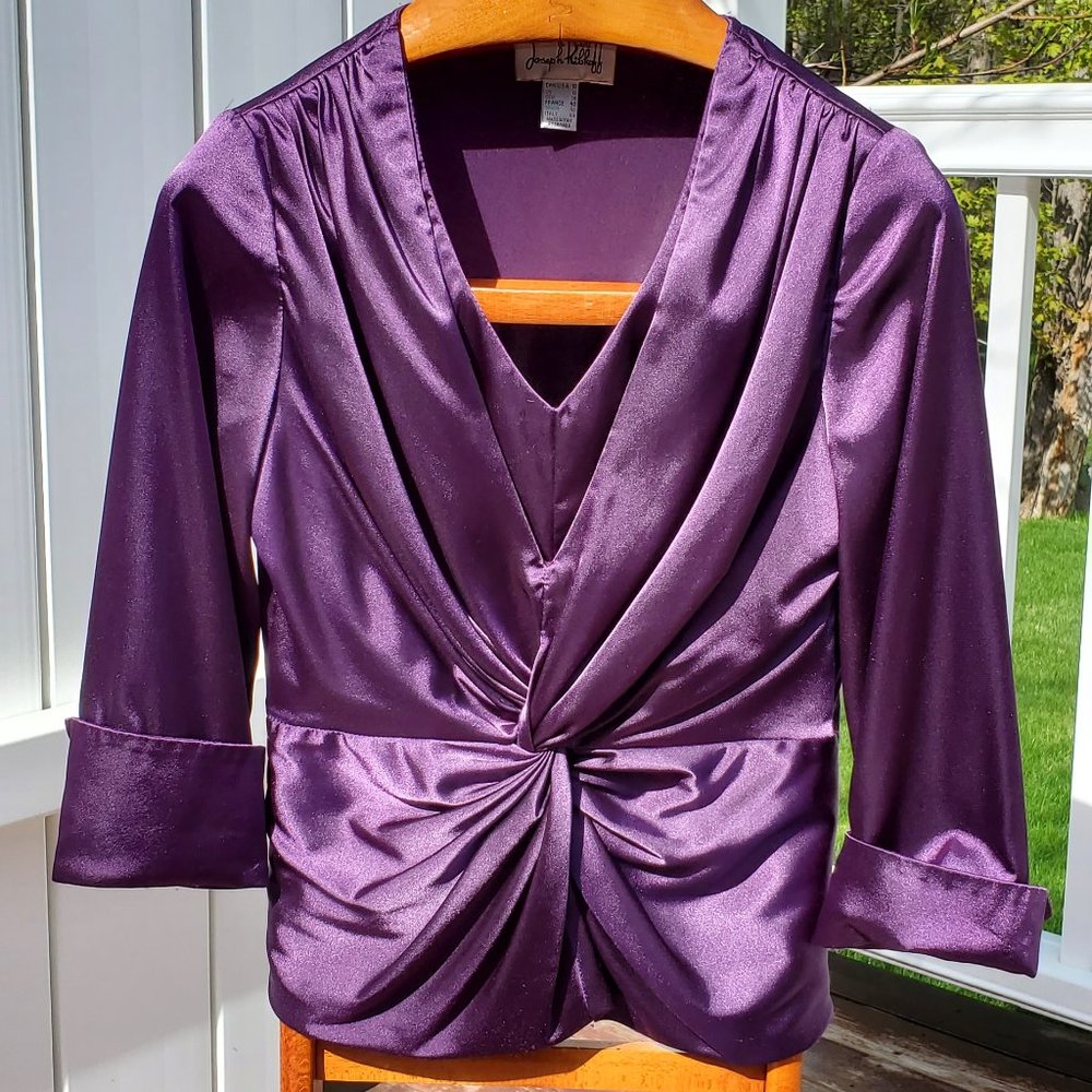 Joseph Ribkoff Women's Purple Satin Blouse 10 Top Formal Party Zip 3/4 Sleeve